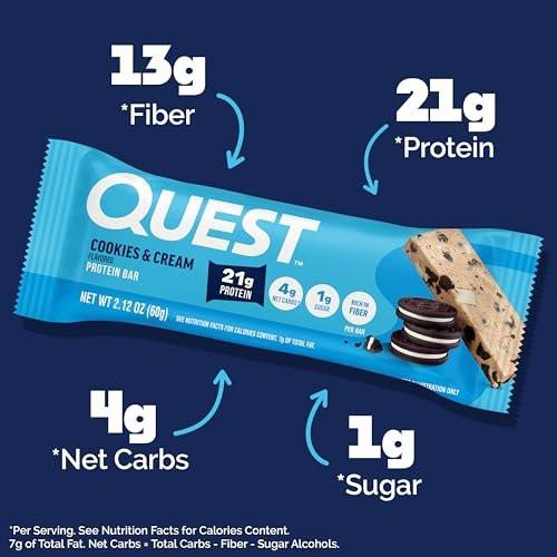 Quest Nutrition Cookies & Cream Proteinriegel – 21 g Protein, 4 g Netto-Kohlenhydrate, 1 g Zucker, ballaststoffreich, glutenfrei, keto-freundlich, 4er-Pack