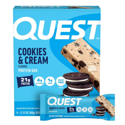Quest Nutrition Cookies & Cream Proteinriegel – 21 g Protein, 4 g Netto-Kohlenhydrate, 1 g Zucker, ballaststoffreich, glutenfrei, keto-freundlich, 4er-Pack