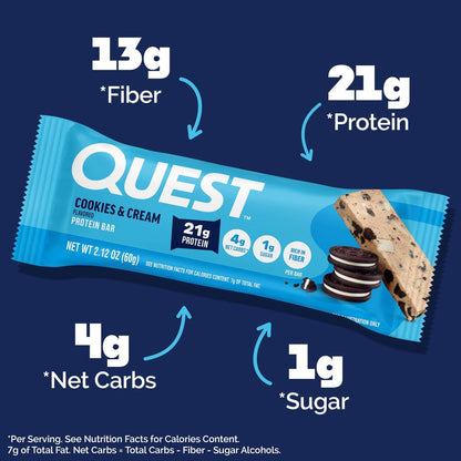 Quest Nutrition Cookies & Cream Proteinriegel – 21 g Protein, 4 g Netto-Kohlenhydrate, 1 g Zucker, ballaststoffreich, glutenfrei, keto-freundlich, 4er-Pack