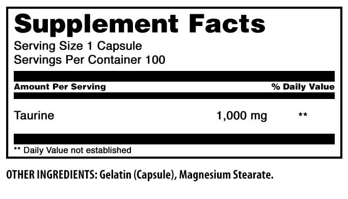 Amazing Formulas Taurin Aminosäure Ergänzung | 1000 mg pro Portion | 100 Kapseln | Non-GMO | Glutenfrei | Hergestellt in USA