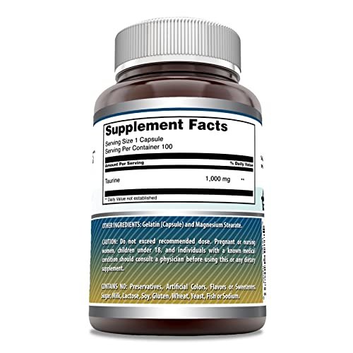 Amazing Formulas Taurin Aminosäure Ergänzung | 1000 mg pro Portion | 100 Kapseln | Non-GMO | Glutenfrei | Hergestellt in USA