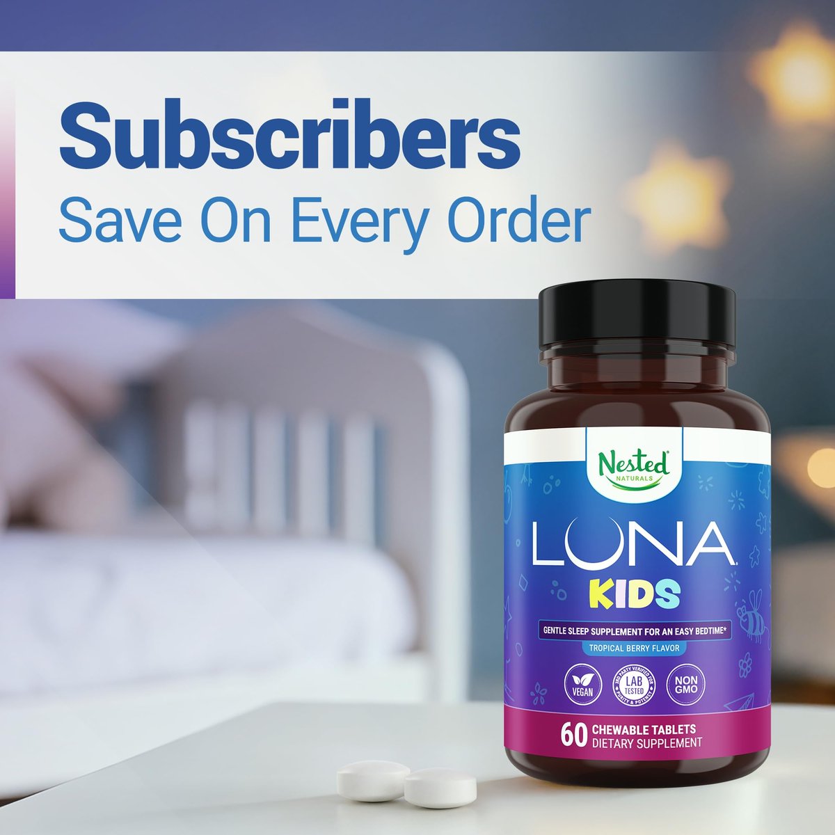 Nested Naturals Luna Kids Schlafhilfe Tabletten für Kinder ab 4 Jahren – Zuckerfrei mit Melatonin, Kamille, Baldrian & Melisse – 60 Kautabletten