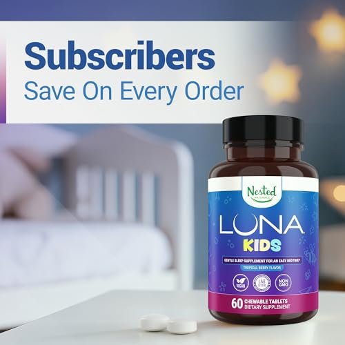 Nested Naturals Luna Kids Schlafhilfe Tabletten für Kinder ab 4 Jahren – Zuckerfrei mit Melatonin, Kamille, Baldrian & Melisse – 60 Kautabletten