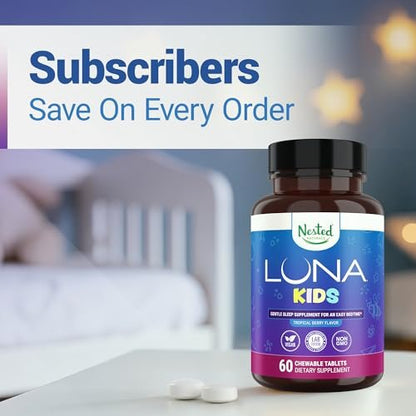Nested Naturals Luna Kids Schlafhilfe Tabletten für Kinder ab 4 Jahren – Zuckerfrei mit Melatonin, Kamille, Baldrian & Melisse – 60 Kautabletten