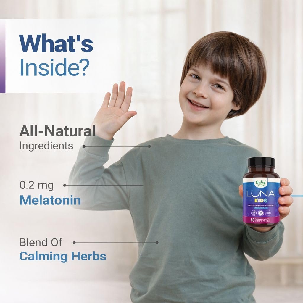 Nested Naturals Luna Kids Schlafhilfe Tabletten für Kinder ab 4 Jahren – Zuckerfrei mit Melatonin, Kamille, Baldrian & Melisse – 60 Kautabletten