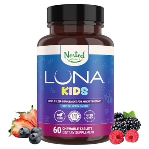 Nested Naturals Luna Kids Schlafhilfe Tabletten für Kinder ab 4 Jahren – Zuckerfrei mit Melatonin, Kamille, Baldrian & Melisse – 60 Kautabletten