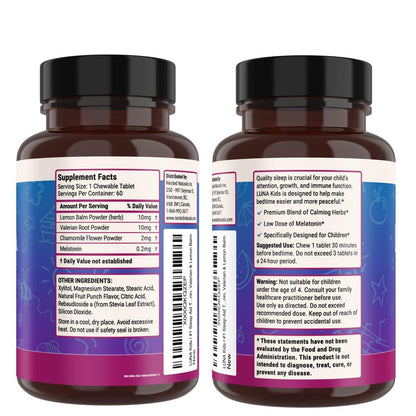 Nested Naturals Luna Kids Schlafhilfe Tabletten für Kinder ab 4 Jahren – Zuckerfrei mit Melatonin, Kamille, Baldrian & Melisse – 60 Kautabletten