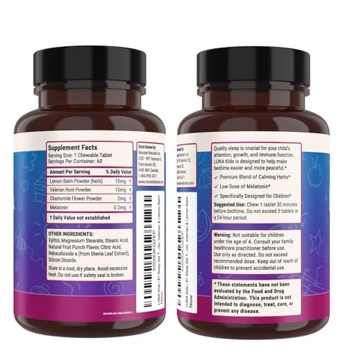 Nested Naturals Luna Kids Schlafhilfe Tabletten für Kinder ab 4 Jahren – Zuckerfrei mit Melatonin, Kamille, Baldrian & Melisse – 60 Kautabletten