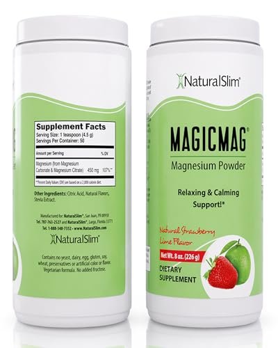 NaturalSlim MagicMag – Hochabsorbierbares Magnesiumcitrat-Pulver für Entspannung, Energie, besseren Schlaf und Stoffwechselunterstützung – Magnesiumergänzung für Frauen und Männer – Erdbeer-Limetten-Geschmack 227 g