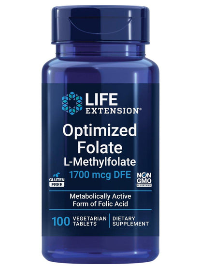 Life Extension Optimized Folate – L-Methylfolat – Herz- und Gehirnunterstützung, Gesunde Homocysteinwerte – Nicht-GVO, Glutenfrei, Vegetarisch – 1700 μg DFE, 100 Vegetarische Tabletten