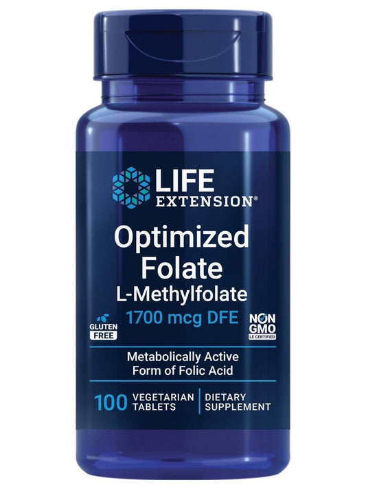 Life Extension Optimized Folate – L-Methylfolat – Herz- und Gehirnunterstützung, Gesunde Homocysteinwerte – Nicht-GVO, Glutenfrei, Vegetarisch – 1700 μg DFE, 100 Vegetarische Tabletten