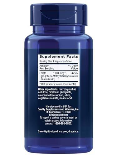 Life Extension Optimized Folate – L-Methylfolat – Herz- und Gehirnunterstützung, Gesunde Homocysteinwerte – Nicht-GVO, Glutenfrei, Vegetarisch – 1700 μg DFE, 100 Vegetarische Tabletten