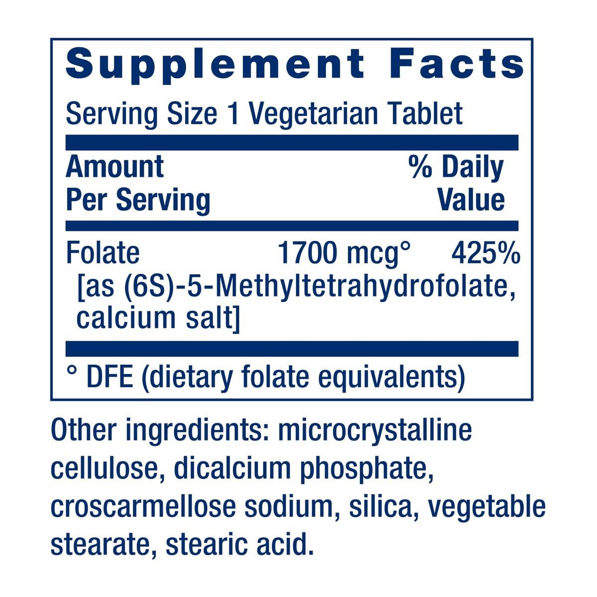 Life Extension Optimized Folate – L-Methylfolat – Herz- und Gehirnunterstützung, Gesunde Homocysteinwerte – Nicht-GVO, Glutenfrei, Vegetarisch – 1700 μg DFE, 100 Vegetarische Tabletten