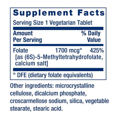 Life Extension Optimized Folate – L-Methylfolat – Herz- und Gehirnunterstützung, Gesunde Homocysteinwerte – Nicht-GVO, Glutenfrei, Vegetarisch – 1700 μg DFE, 100 Vegetarische Tabletten