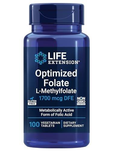 Life Extension Optimized Folate – L-Methylfolat – Herz- und Gehirnunterstützung, Gesunde Homocysteinwerte – Nicht-GVO, Glutenfrei, Vegetarisch – 1700 μg DFE, 100 Vegetarische Tabletten