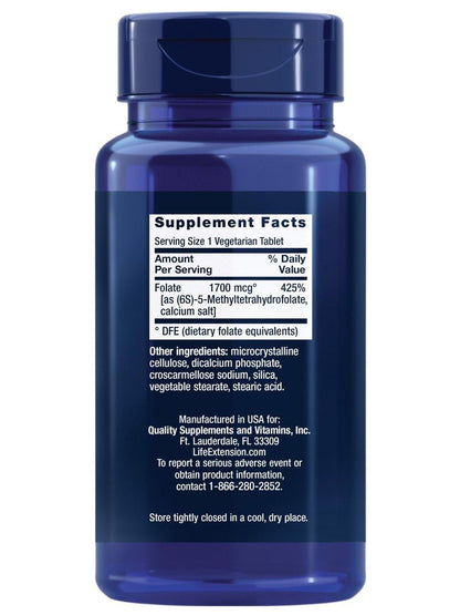 Life Extension Optimized Folate – L-Methylfolat – Herz- und Gehirnunterstützung, Gesunde Homocysteinwerte – Nicht-GVO, Glutenfrei, Vegetarisch – 1700 μg DFE, 100 Vegetarische Tabletten