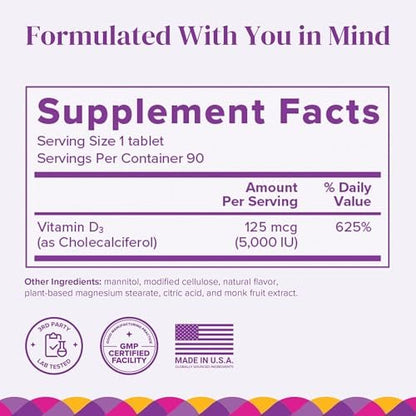BariMelts Vitamin D3 5000 IE – 90 schnell lösliche Tabletten (3-Monats-Vorrat) – Bariatrische Vitamine für Frauen – Natürlicher Apfelgeschmack