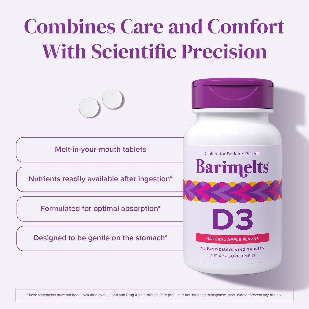 BariMelts Vitamin D3 5000 IE – 90 schnell lösliche Tabletten (3-Monats-Vorrat) – Bariatrische Vitamine für Frauen – Natürlicher Apfelgeschmack