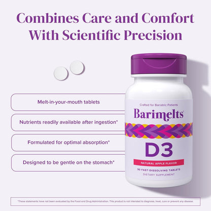 BariMelts Vitamin D3 5000 IE – 90 schnell lösliche Tabletten (3-Monats-Vorrat) – Bariatrische Vitamine für Frauen – Natürlicher Apfelgeschmack