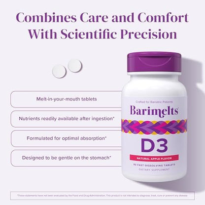 BariMelts Vitamin D3 5000 IE – 90 schnell lösliche Tabletten (3-Monats-Vorrat) – Bariatrische Vitamine für Frauen – Natürlicher Apfelgeschmack