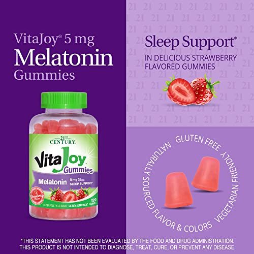 21st Century VitaJoy Melatonin 5mg Gummies (120 Stück) – Erdbeer-Geschmack, nicht gewöhnungsbedürftig, glutenfrei – Fördert Entspannung und erholsamen Schlaf für Erwachsene