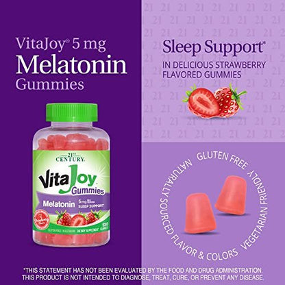 21st Century VitaJoy Melatonin 5mg Gummies (120 Stück) – Erdbeer-Geschmack, nicht gewöhnungsbedürftig, glutenfrei – Fördert Entspannung und erholsamen Schlaf für Erwachsene