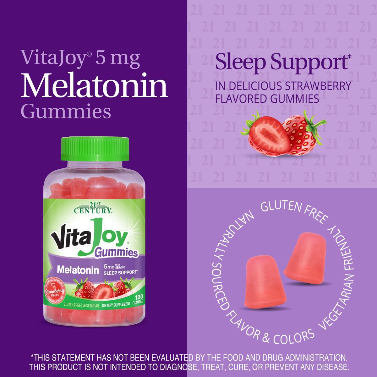 21st Century VitaJoy Melatonin 5mg Gummies (120 Stück) – Erdbeer-Geschmack, nicht gewöhnungsbedürftig, glutenfrei – Fördert Entspannung und erholsamen Schlaf für Erwachsene