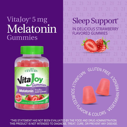 21st Century VitaJoy Melatonin 5mg Gummies (120 Stück) – Erdbeer-Geschmack, nicht gewöhnungsbedürftig, glutenfrei – Fördert Entspannung und erholsamen Schlaf für Erwachsene