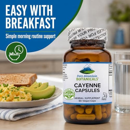 Pure Mountain Botanicals Cayenne Pfeffer Kapseln - 90 Koscher Vegane Kapseln - 500mg Bio Cayenne Pfeffer Ergänzung mit Capsaicin - 40000-60000 HU