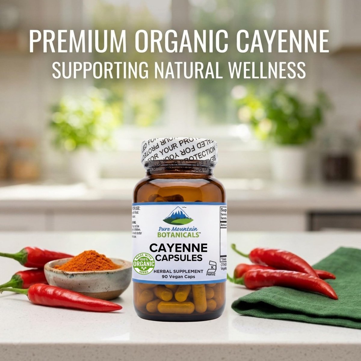 Pure Mountain Botanicals Cayenne Pfeffer Kapseln - 90 Koscher Vegane Kapseln - 500mg Bio Cayenne Pfeffer Ergänzung mit Capsaicin - 40000-60000 HU