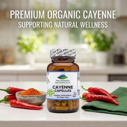 Pure Mountain Botanicals Cayenne Pfeffer Kapseln - 90 Koscher Vegane Kapseln - 500mg Bio Cayenne Pfeffer Ergänzung mit Capsaicin - 40000-60000 HU