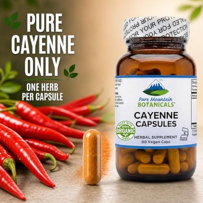 Pure Mountain Botanicals Cayenne Pfeffer Kapseln - 90 Koscher Vegane Kapseln - 500mg Bio Cayenne Pfeffer Ergänzung mit Capsaicin - 40000-60000 HU