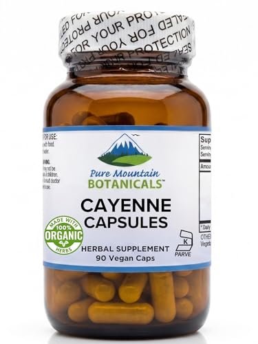 Pure Mountain Botanicals Cayenne Pfeffer Kapseln - 90 Koscher Vegane Kapseln - 500mg Bio Cayenne Pfeffer Ergänzung mit Capsaicin - 40000-60000 HU