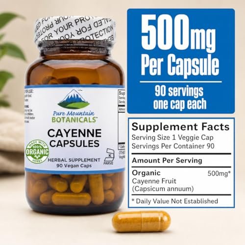 Pure Mountain Botanicals Cayenne Pfeffer Kapseln - 90 Koscher Vegane Kapseln - 500mg Bio Cayenne Pfeffer Ergänzung mit Capsaicin - 40000-60000 HU