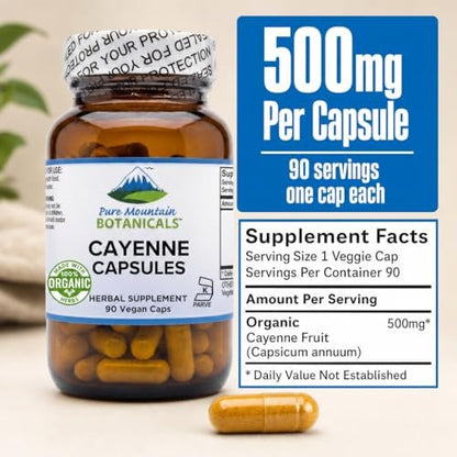 Pure Mountain Botanicals Cayenne Pfeffer Kapseln - 90 Koscher Vegane Kapseln - 500mg Bio Cayenne Pfeffer Ergänzung mit Capsaicin - 40000-60000 HU