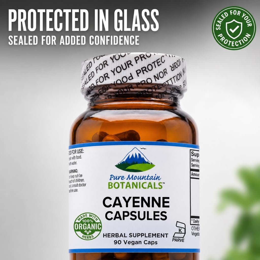 Pure Mountain Botanicals Cayenne Pfeffer Kapseln - 90 Koscher Vegane Kapseln - 500mg Bio Cayenne Pfeffer Ergänzung mit Capsaicin - 40000-60000 HU