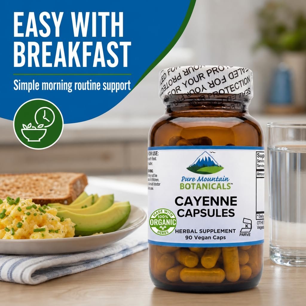 Pure Mountain Botanicals Cayenne Pfeffer Kapseln - 90 Koscher Vegane Kapseln - 500mg Bio Cayenne Pfeffer Ergänzung mit Capsaicin - 40000-60000 HU