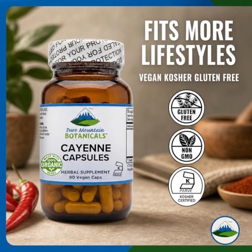 Pure Mountain Botanicals Cayenne Pfeffer Kapseln - 90 Koscher Vegane Kapseln - 500mg Bio Cayenne Pfeffer Ergänzung mit Capsaicin - 40000-60000 HU