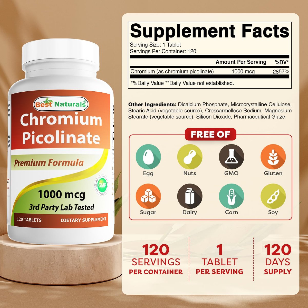Best Naturals Chrompicolinat 1000 mcg – 120 Tabletten, hochdosiertes Mineralstoffpräparat