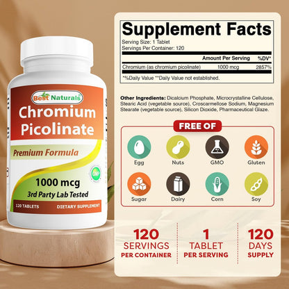 Best Naturals Chrompicolinat 1000 mcg – 120 Tabletten, hochdosiertes Mineralstoffpräparat