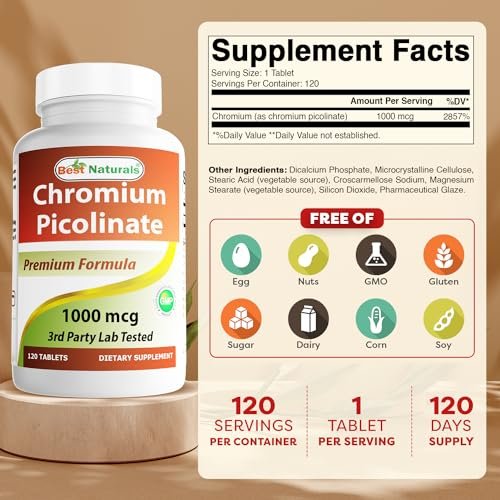 Best Naturals Chrompicolinat 1000 mcg – 120 Tabletten, hochdosiertes Mineralstoffpräparat