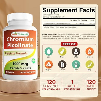 Best Naturals Chrompicolinat 1000 mcg – 120 Tabletten, hochdosiertes Mineralstoffpräparat