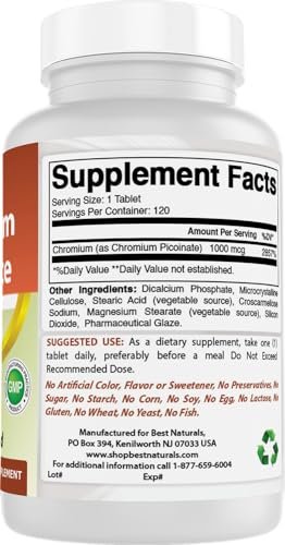 Best Naturals Chrompicolinat 1000 mcg – 120 Tabletten, hochdosiertes Mineralstoffpräparat