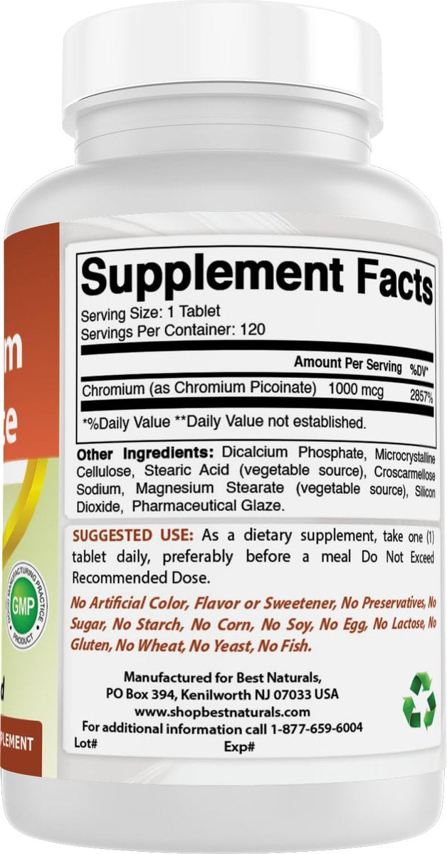 Best Naturals Chrompicolinat 1000 mcg – 120 Tabletten, hochdosiertes Mineralstoffpräparat