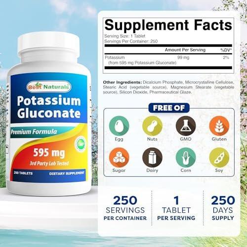 Best Naturals Kaliumgluconat 595 mg Tabletten – 250 Stück, Mineralstoffergänzung