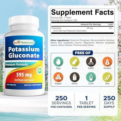 Best Naturals Kaliumgluconat 595 mg Tabletten – 250 Stück, Mineralstoffergänzung