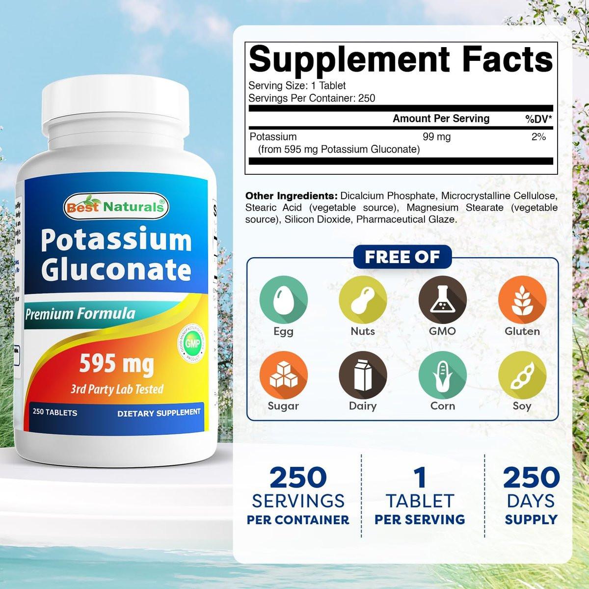 Best Naturals Kaliumgluconat 595 mg Tabletten – 250 Stück, Mineralstoffergänzung