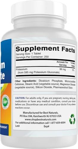 Best Naturals Kaliumgluconat 595 mg Tabletten – 250 Stück, Mineralstoffergänzung