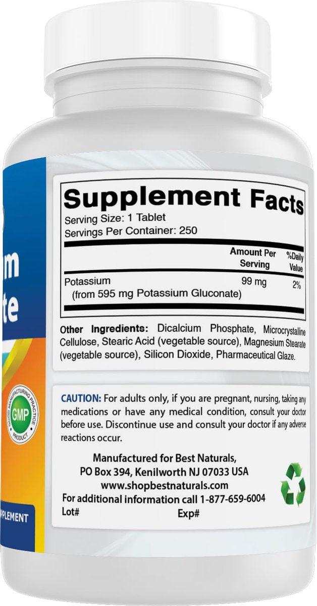 Best Naturals Kaliumgluconat 595 mg Tabletten – 250 Stück, Mineralstoffergänzung