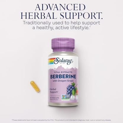 SOLARAY Berberin 250mg – Berberin Nahrungsergänzung für einen gesunden, aktiven Lebensstil – mit Berberin HCl aus Indischer Berberitze plus Oregon-Traube – Vegan, Nicht-GVO, 60-Tage-Garantie – 60 Portionen, 60 VegKaps